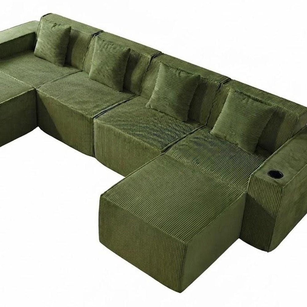 134" White Corduroy Modular Sofa With Ottoman And Toss Pillows