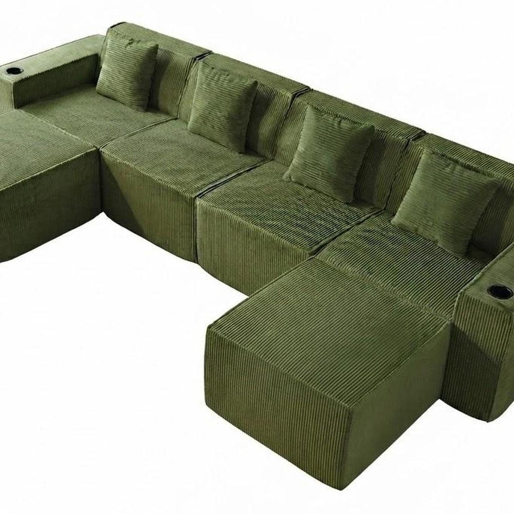 134" White Corduroy Modular Sofa With Ottoman And Toss Pillows
