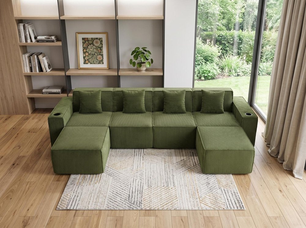 134" White Corduroy Modular Sofa With Ottoman And Toss Pillows