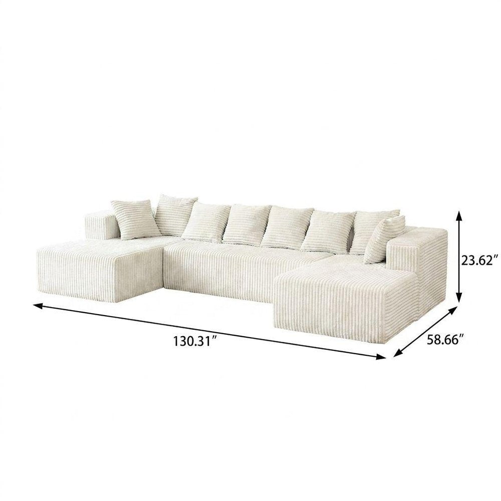 Beige Corduroy Modular U Shaped Three Piece Sofa and Chaise Sectional With Console And Toss Pillows