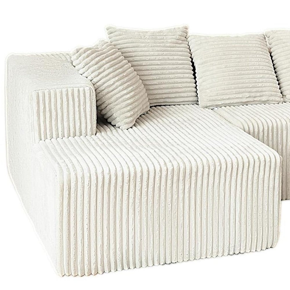 Beige Corduroy Modular U Shaped Three Piece Sofa and Chaise Sectional With Console And Toss Pillows