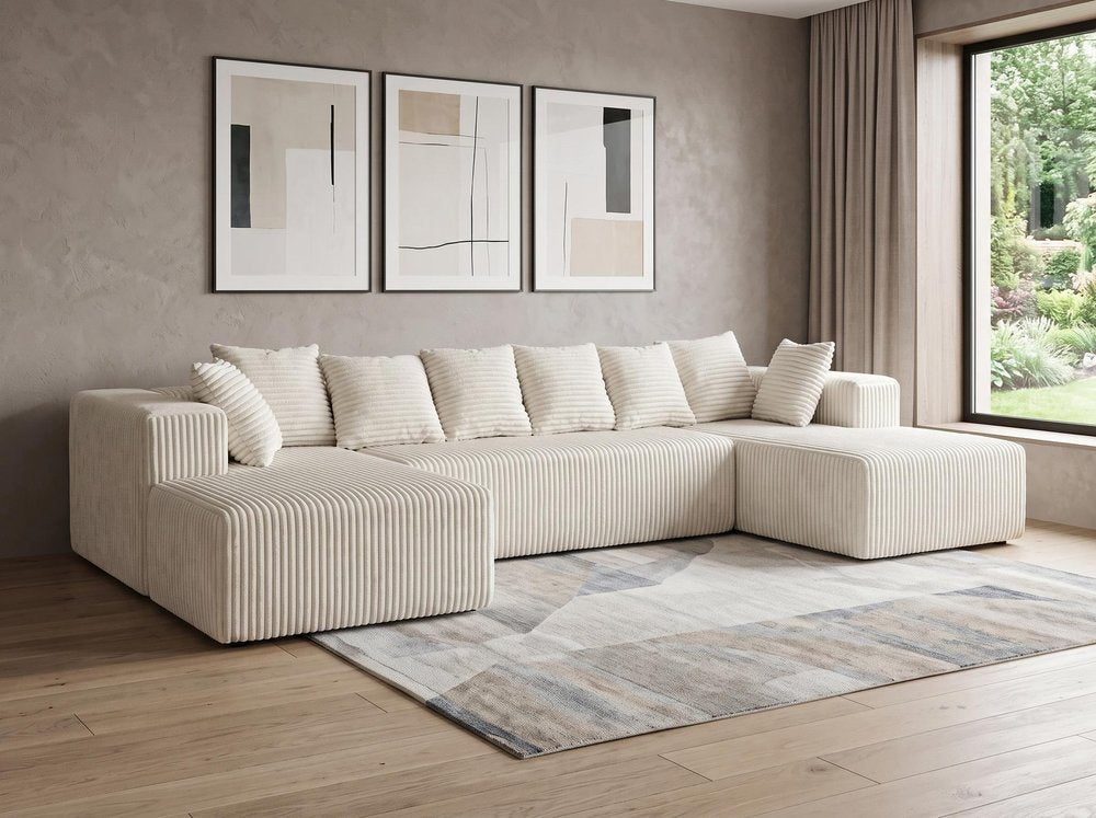 Beige Corduroy Modular U Shaped Three Piece Sofa and Chaise Sectional With Console And Toss Pillows