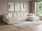 Beige Corduroy Modular U Shaped Three Piece Sofa and Chaise Sectional With Console And Toss Pillows