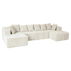 Beige Corduroy Modular U Shaped Three Piece Sofa and Chaise Sectional With Console And Toss Pillows