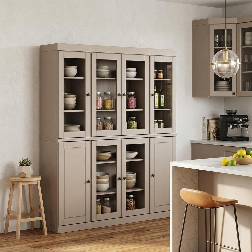 72" Beige Solid Wood 8 Pantry Or Storage Closet