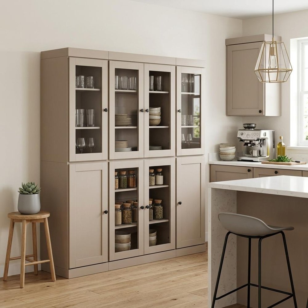72" Beige Solid Wood 8 Pantry Or Storage Closet