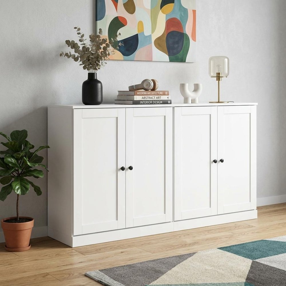 64" White Solid Wood Four Drawer Sideboard With Four Doors
