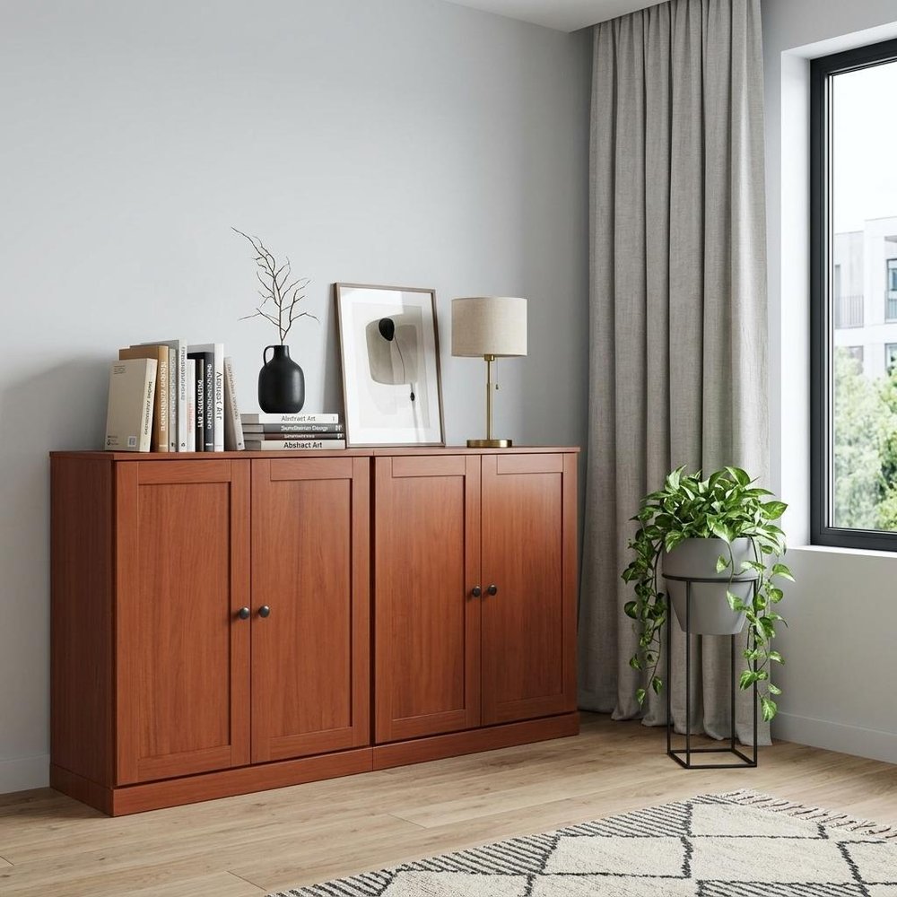 64" Coffee Solid Wood Four Drawer Sideboard With Four Doors