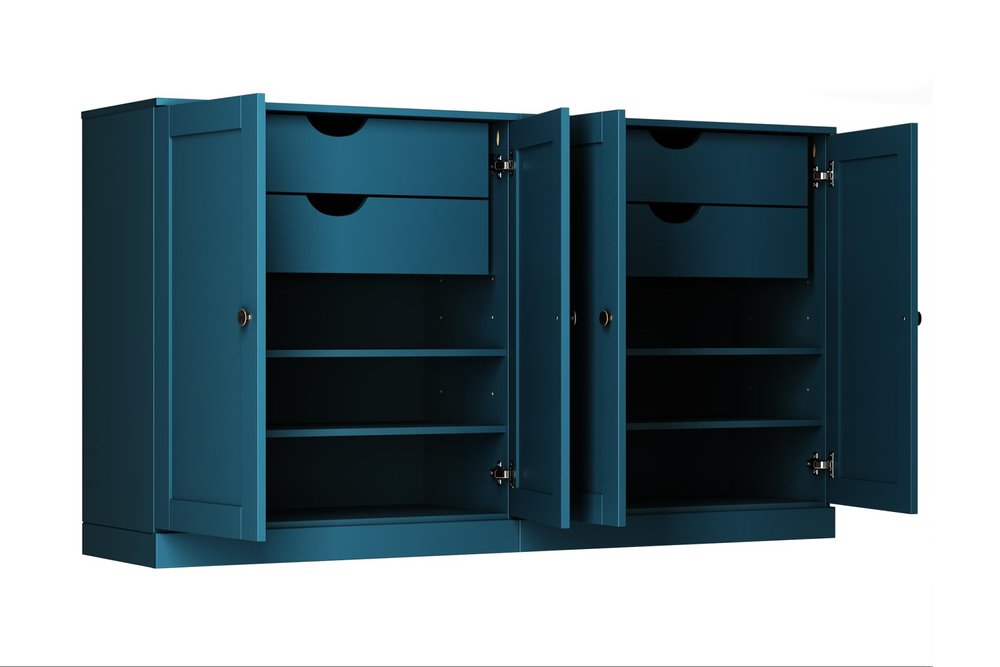 64" Teal Blue Solid Wood Four Drawer Sideboard With Four Doors