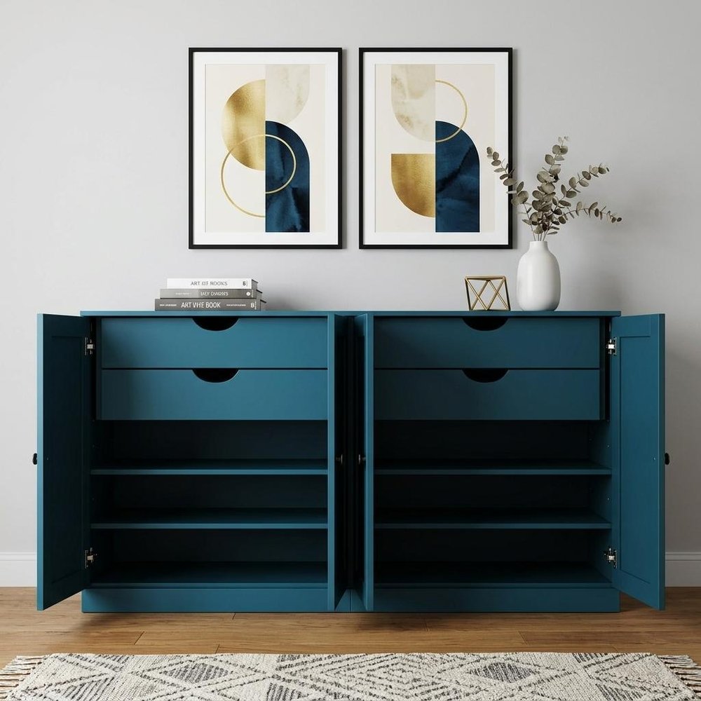 64" Teal Blue Solid Wood Four Drawer Sideboard With Four Doors