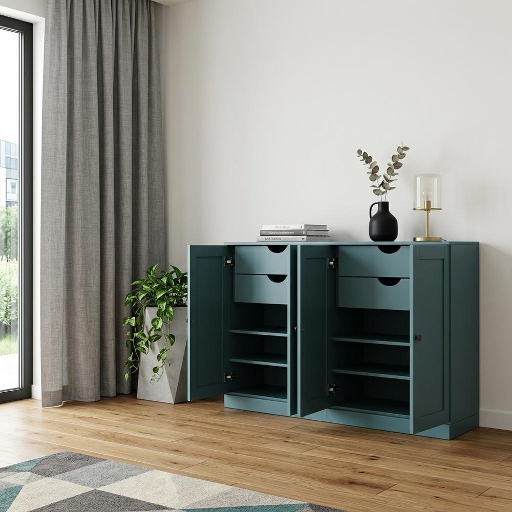64" Aqua Solid Wood Four Drawer Sideboard With Four Doors