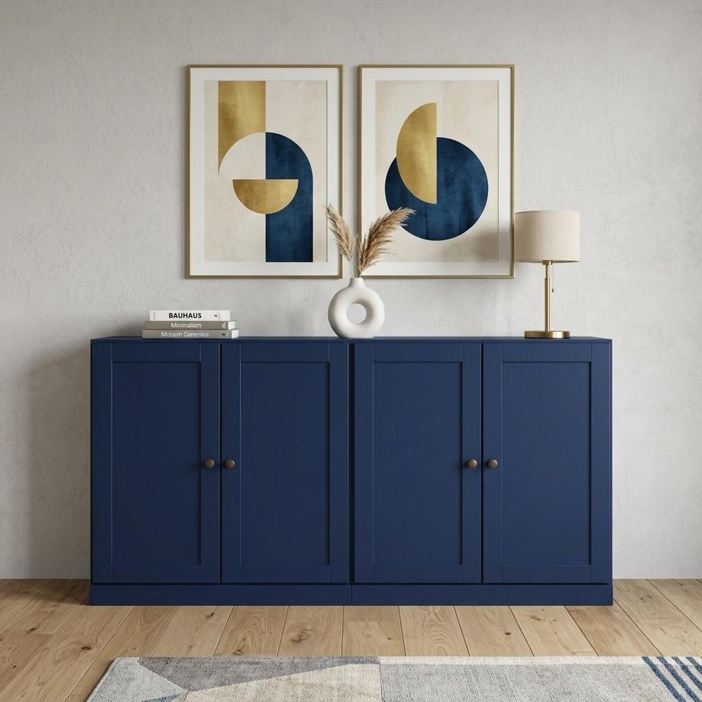 64" Navy Blue Solid Wood Four Drawer Sideboard With Four Doors