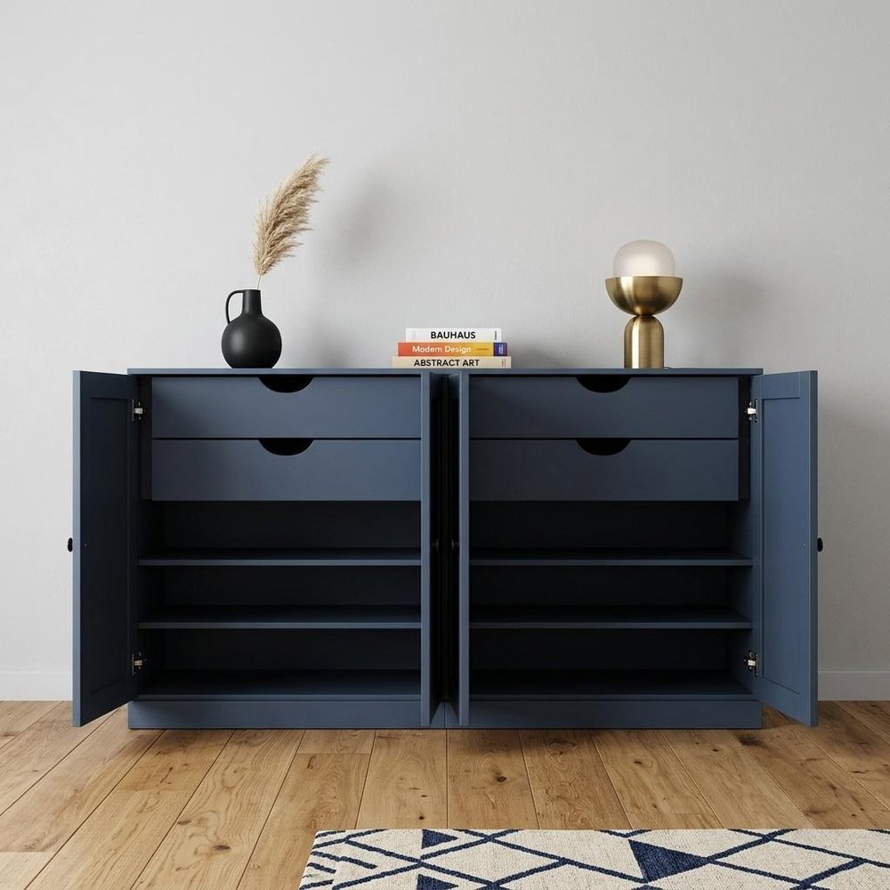 64" French Blue Solid Wood Four Drawer Sideboard With Four Doors