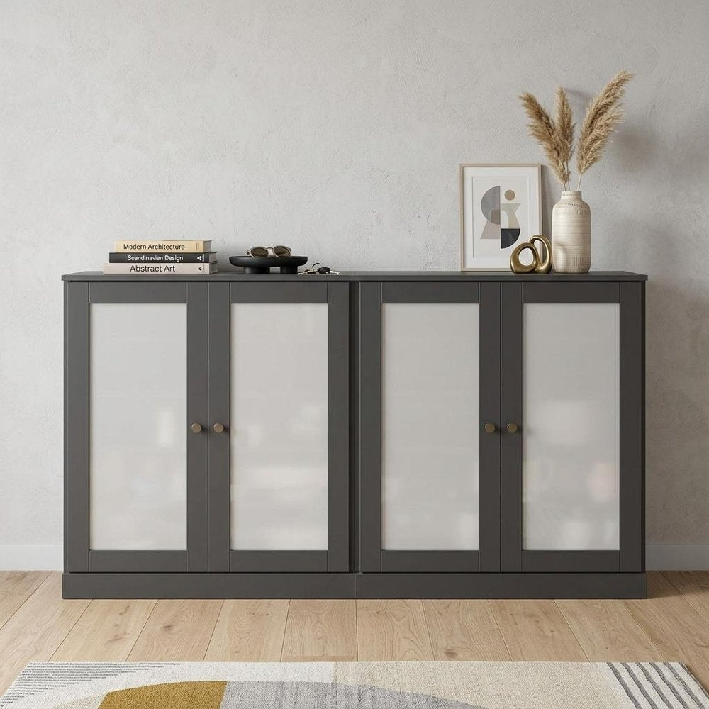64" Gray Solid Wood Four Drawer Sideboard With Four Doors
