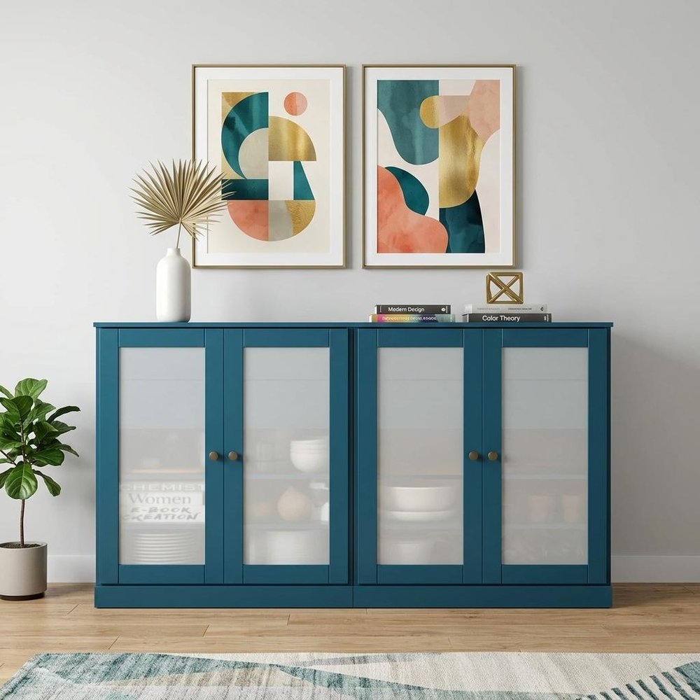 64" Teal Blue Solid Wood Four Drawer Sideboard With Four Doors