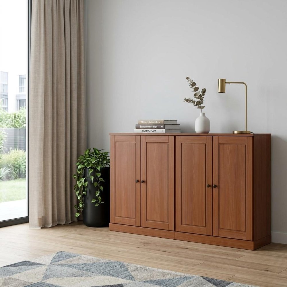 64" Coffee Solid Wood Four Drawer Sideboard With Four Doors