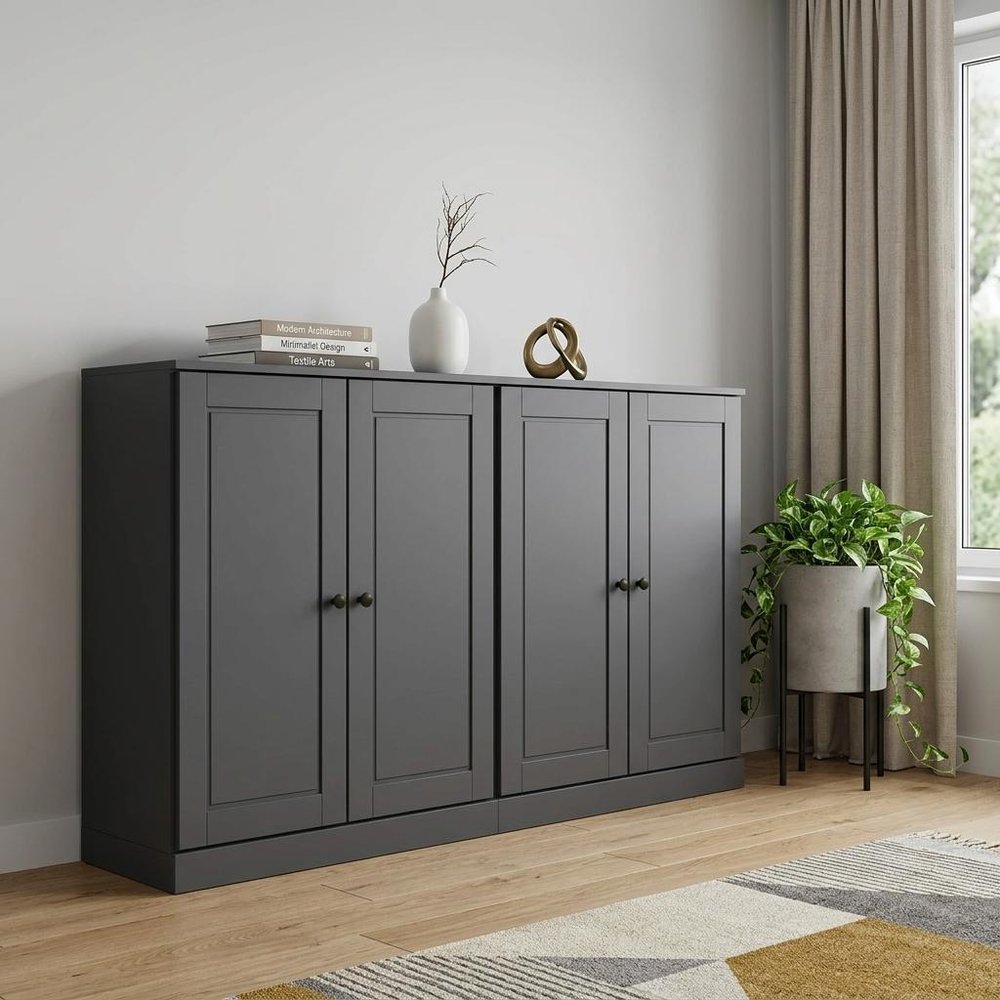 64" Gray Solid Wood Four Drawer Sideboard With Four Doors