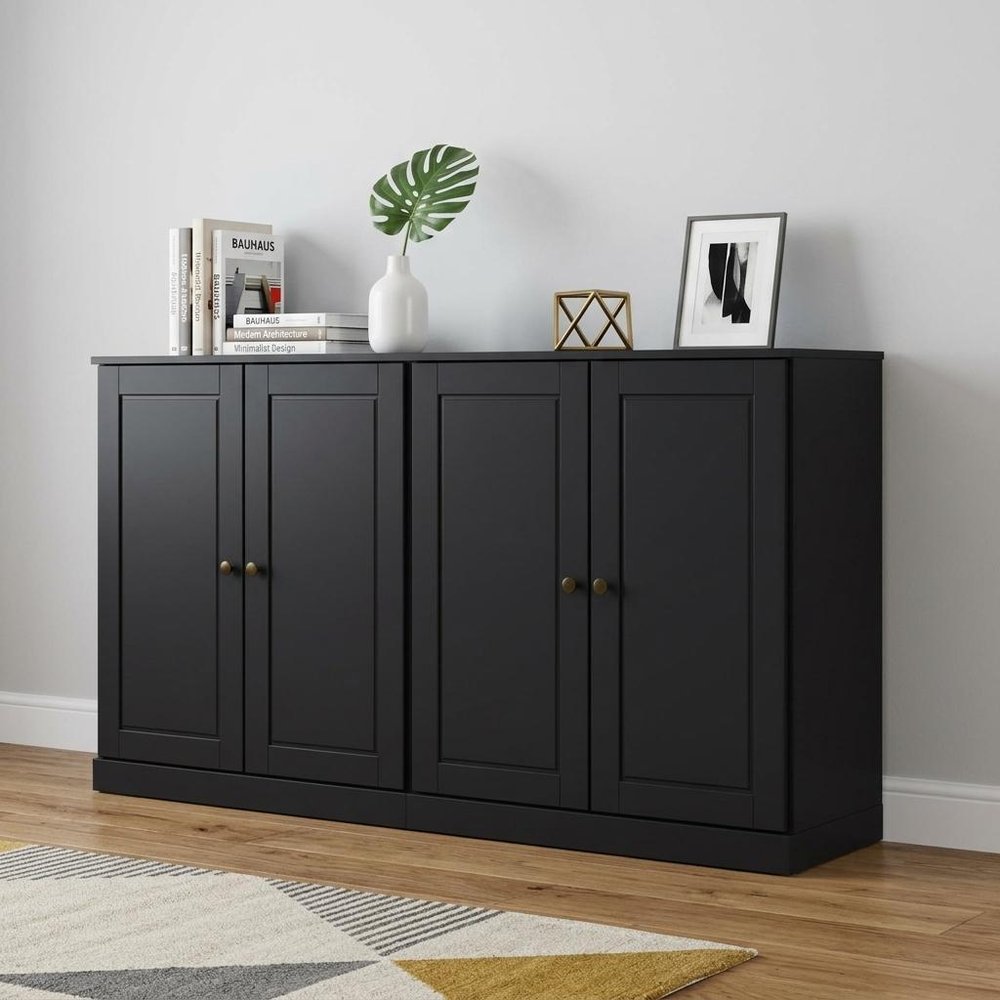 64" Black Solid Wood Four Drawer Sideboard With Four Doors