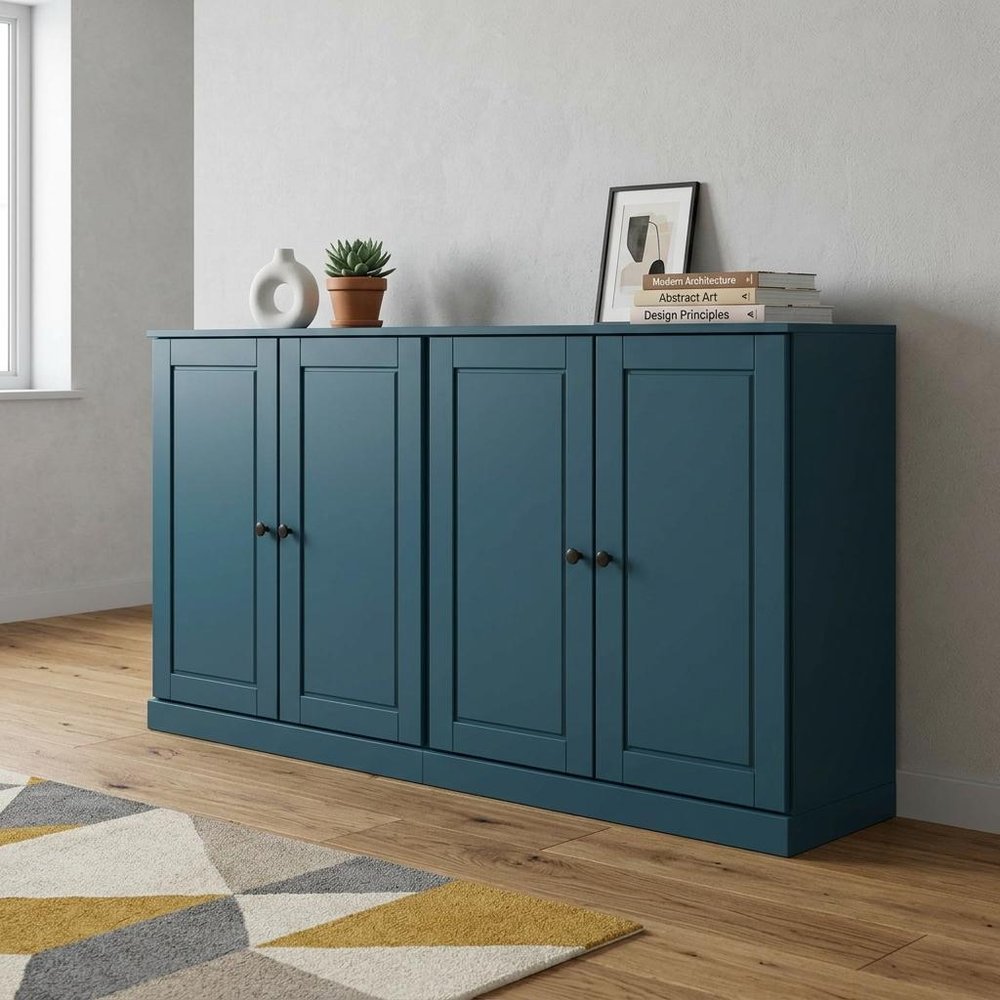 64" Teal Blue Solid Wood Four Drawer Sideboard With Four Doors