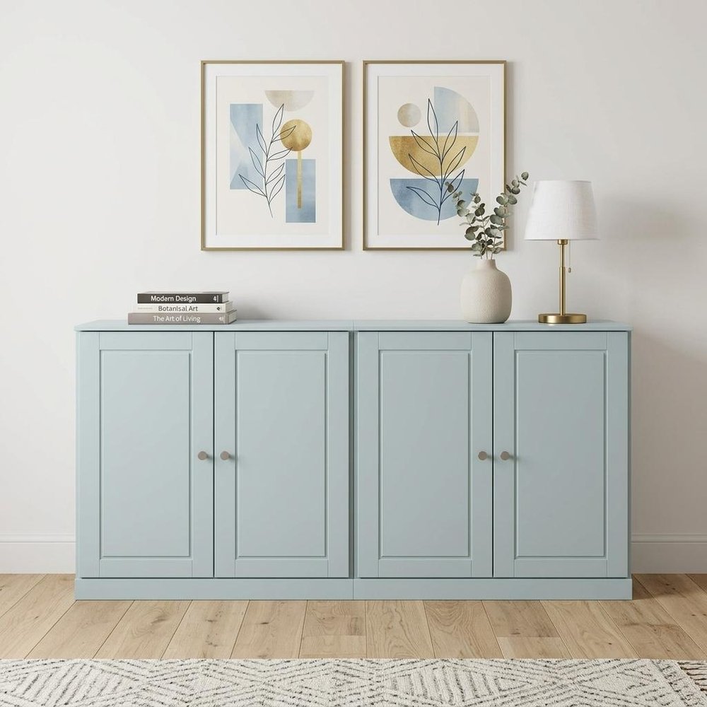 64" Aqua Solid Wood Four Drawer Sideboard With Four Doors