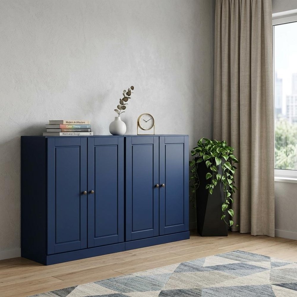 64" Navy Blue Solid Wood Four Drawer Sideboard With Four Doors