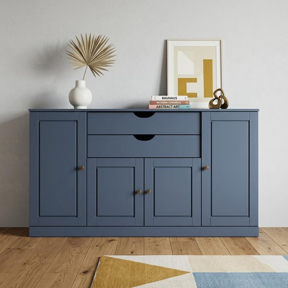 64" French Blue Solid Wood Four Drawer Sideboard With Four Doors