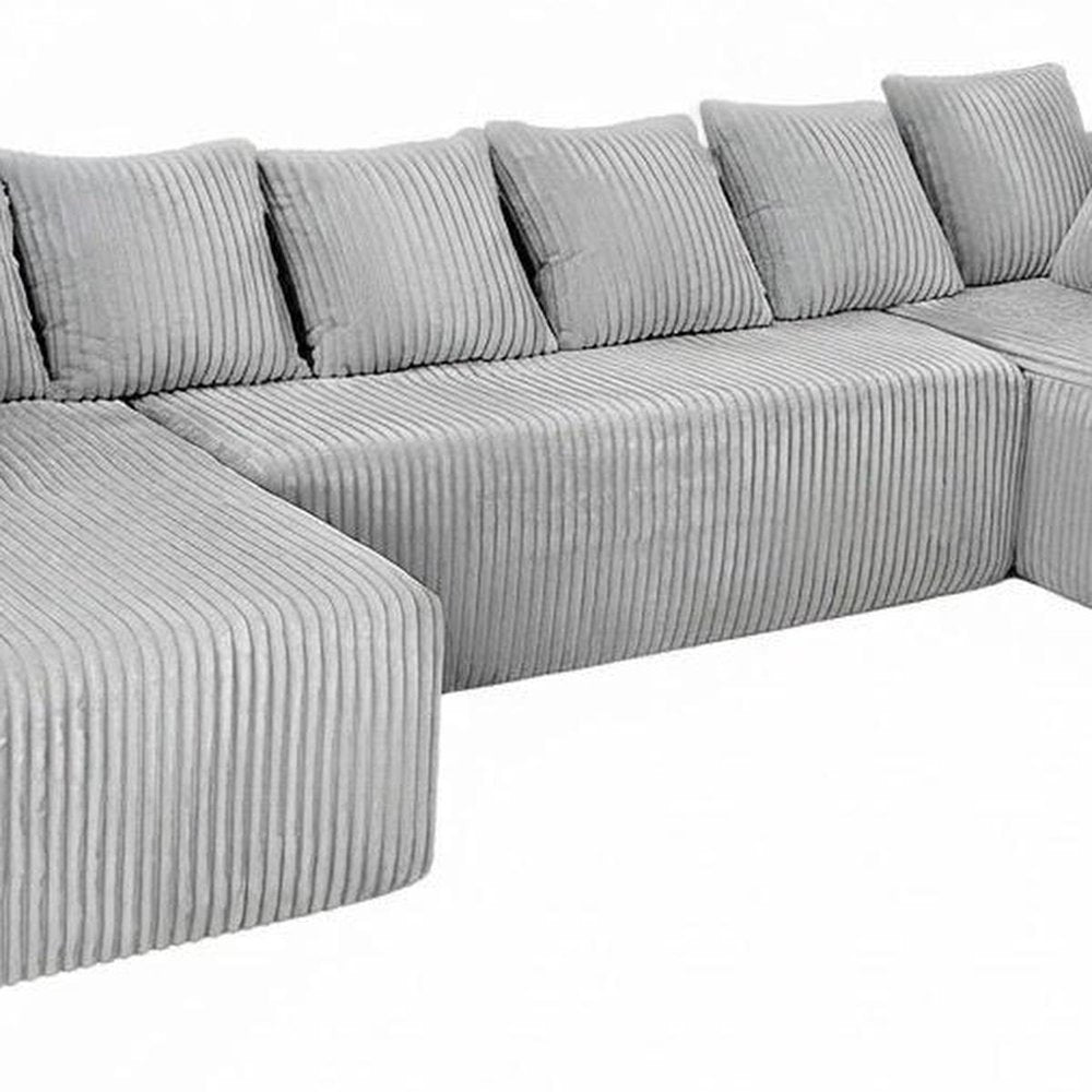 Beige Corduroy Modular U Shaped Three Piece Sofa and Chaise Sectional With Console And Toss Pillows