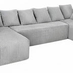 Beige Corduroy Modular U Shaped Three Piece Sofa and Chaise Sectional With Console And Toss Pillows
