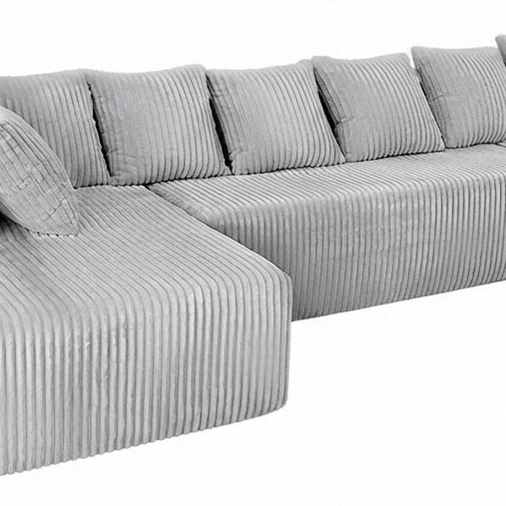 Beige Corduroy Modular U Shaped Three Piece Sofa and Chaise Sectional With Console And Toss Pillows