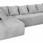 Beige Corduroy Modular U Shaped Three Piece Sofa and Chaise Sectional With Console And Toss Pillows