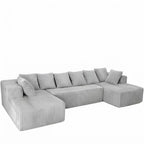 Beige Corduroy Modular U Shaped Three Piece Sofa and Chaise Sectional With Console And Toss Pillows