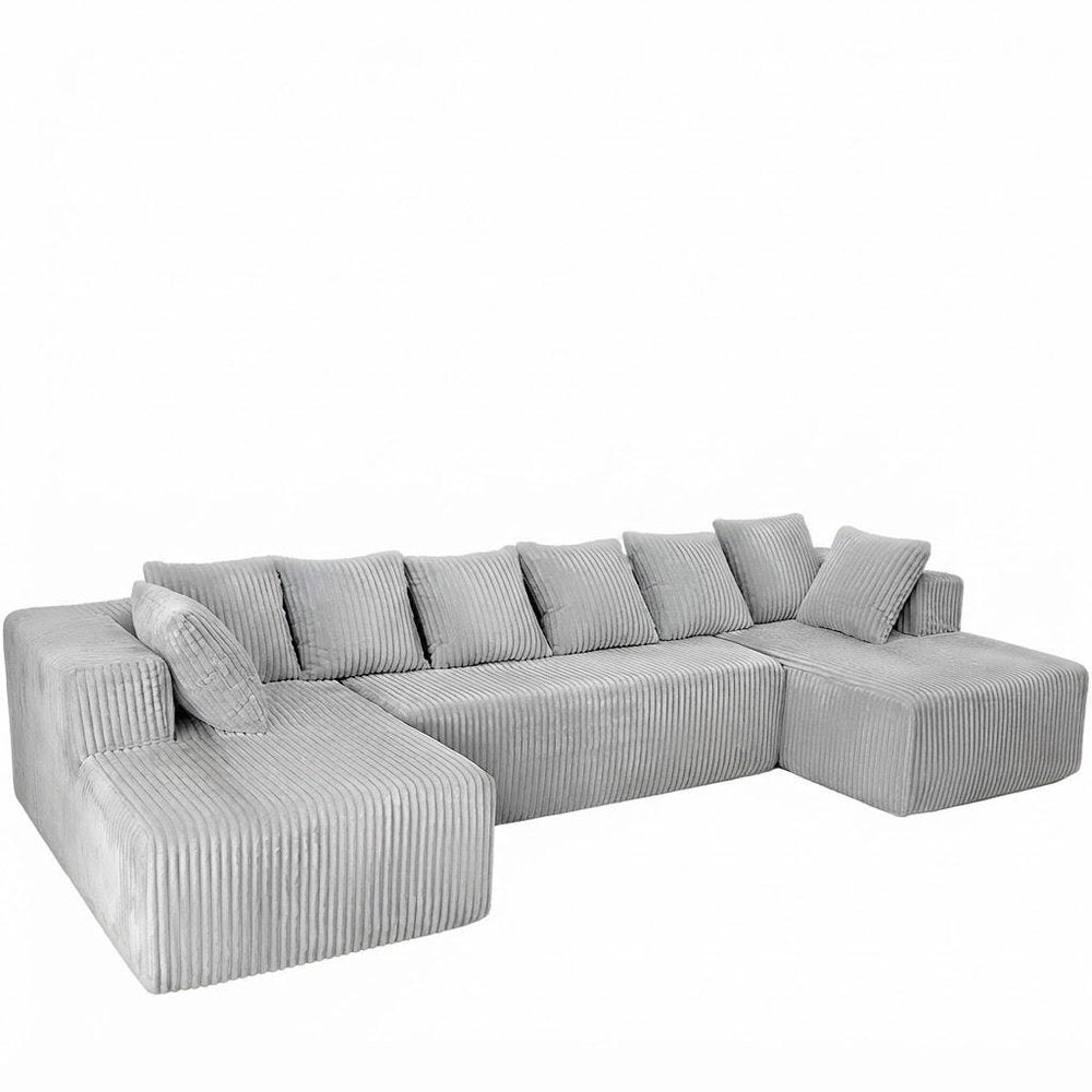 Beige Corduroy Modular U Shaped Three Piece Sofa and Chaise Sectional With Console And Toss Pillows
