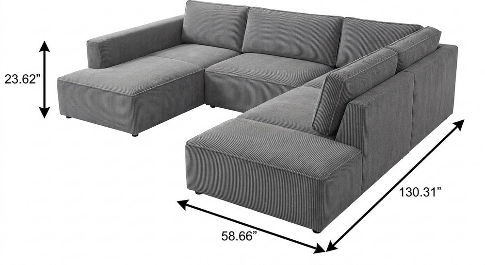 Beige Corduroy Modular U Shaped Three Piece Sofa and Chaise Sectional With Console And Toss Pillows