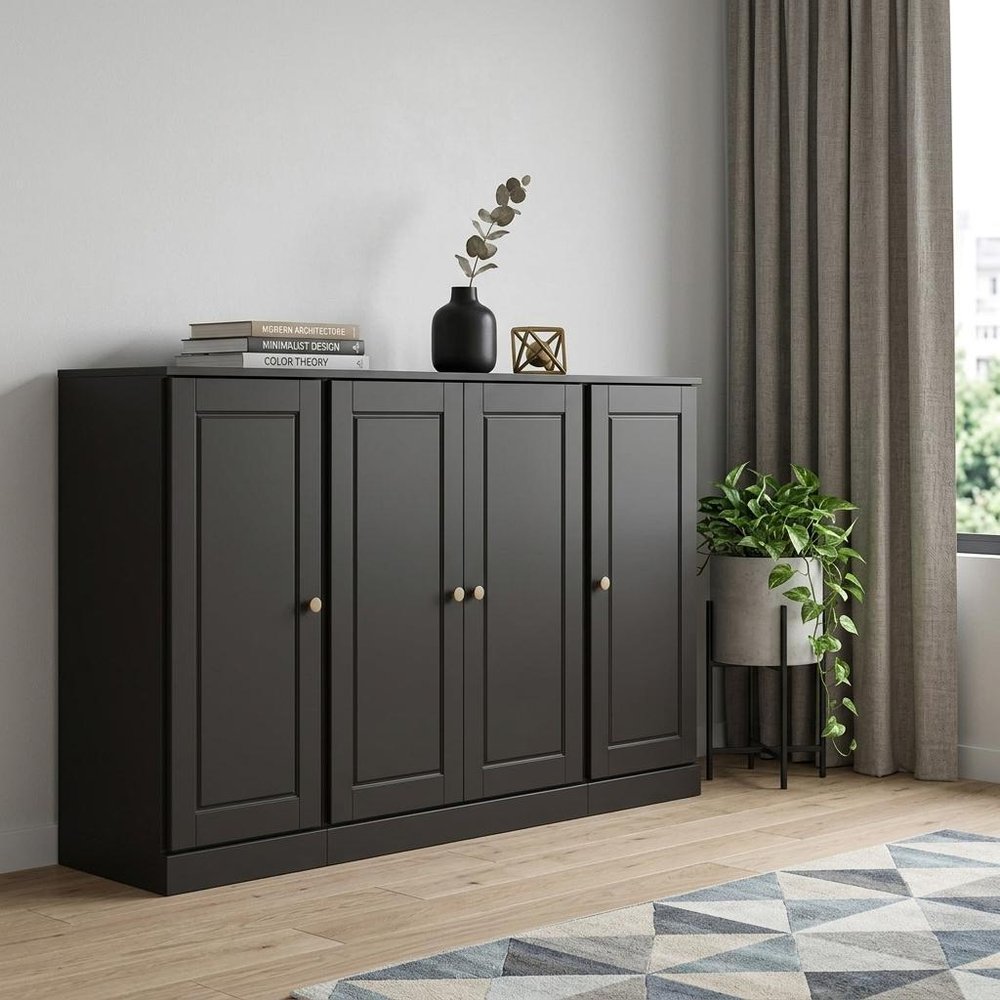 65" Black Solid Wood Two Drawer Sideboard With Four Doors