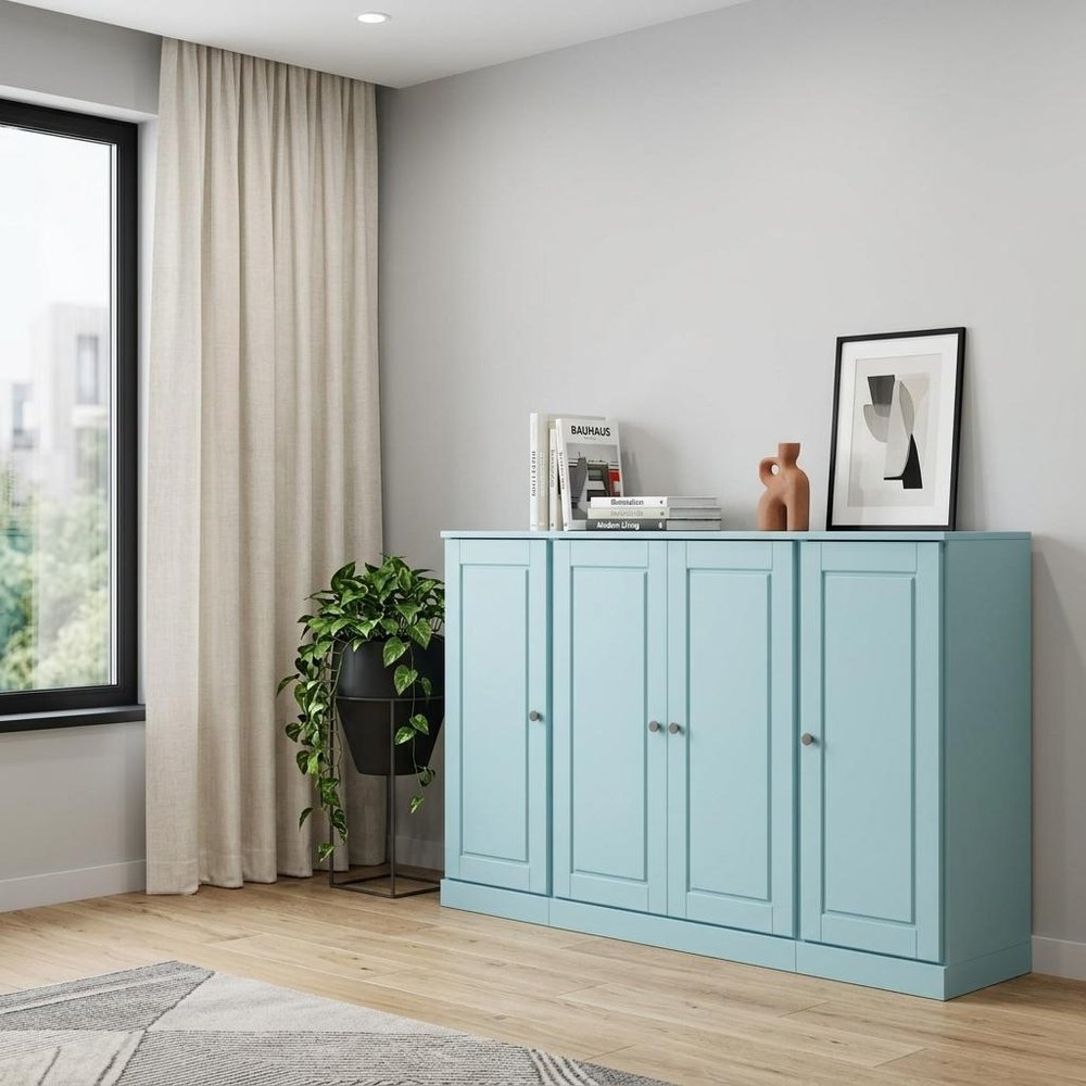 65" Aqua Solid Wood Two Drawer Sideboard With Four Doors