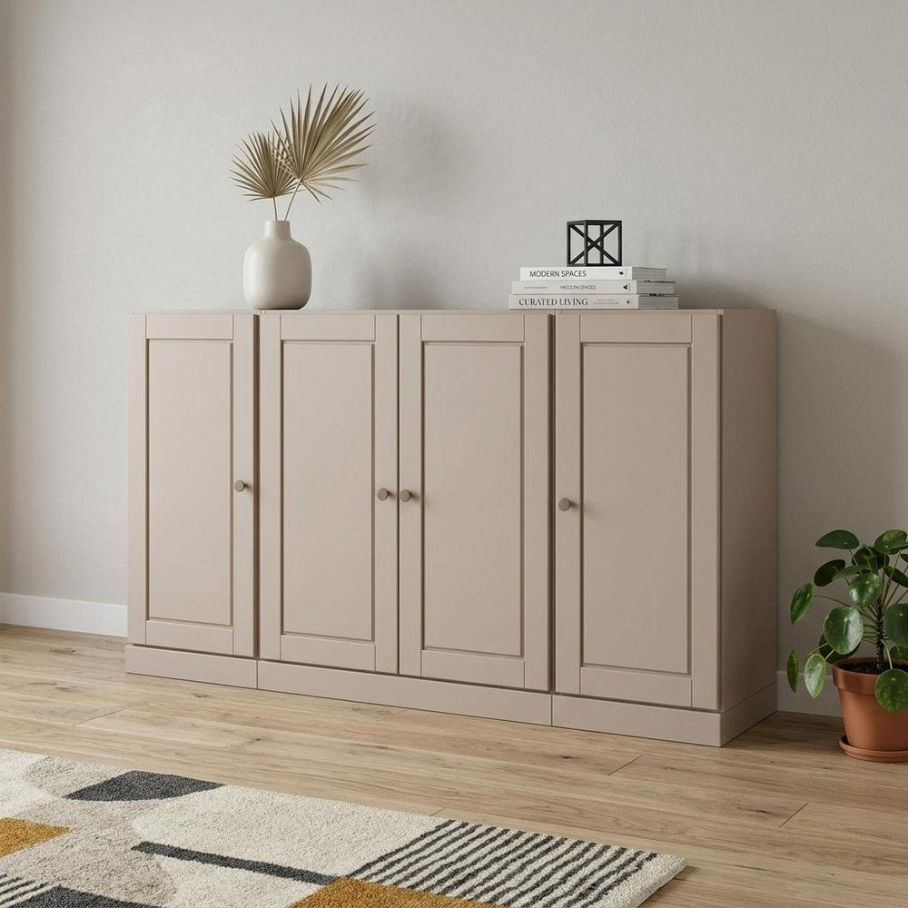 65" Beige Solid Wood Two Drawer Sideboard With Four Doors