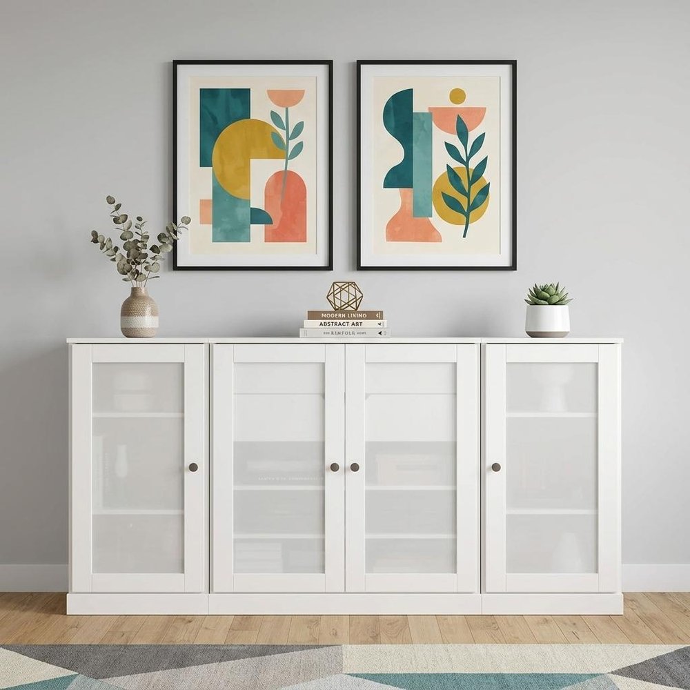 65" White Solid Wood Two Drawer Sideboard With Four Glass Doors