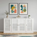 65" White Solid Wood Two Drawer Sideboard With Four Glass Doors