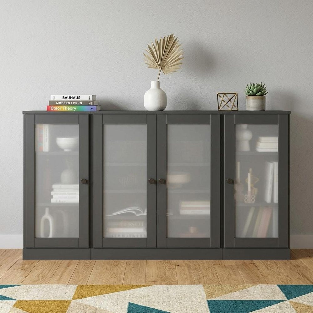 65" Gray Solid Wood Two Drawer Sideboard With Four Glass Doors