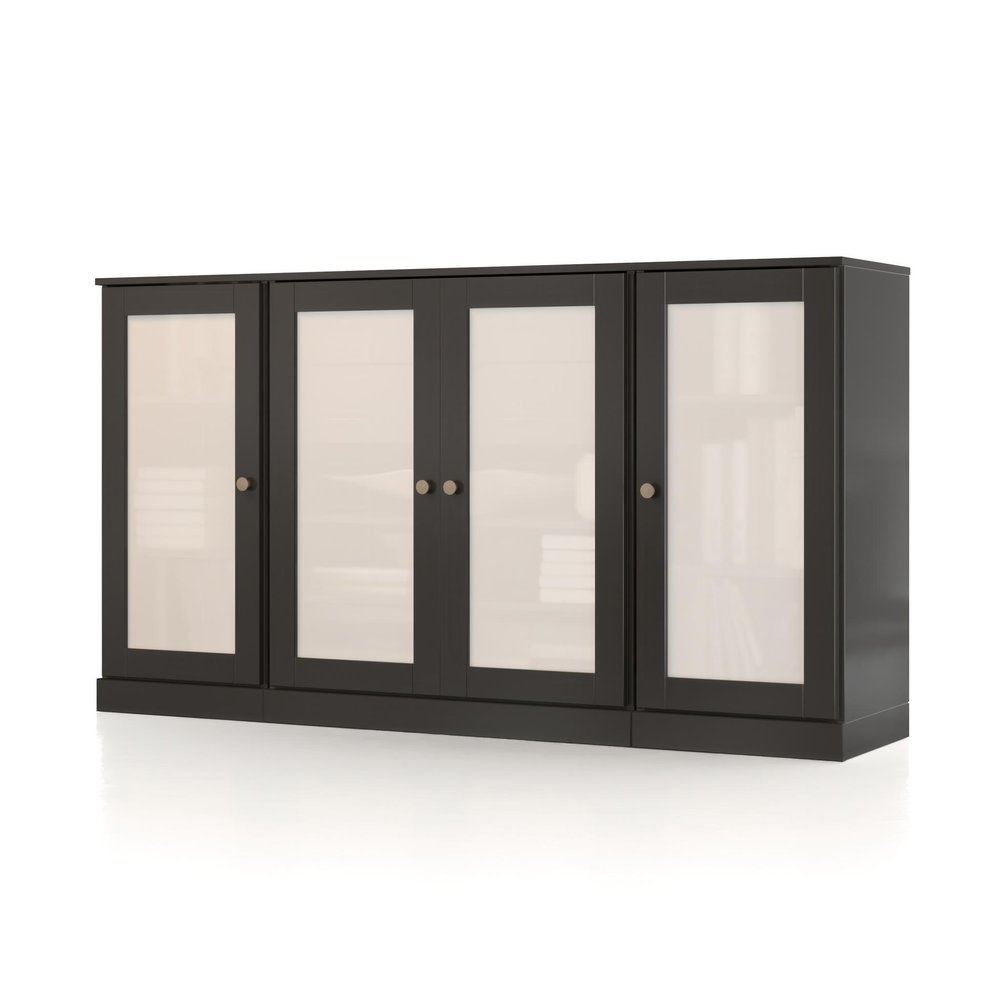 65" Black Solid Wood Two Drawer Sideboard With Four Glass Doors