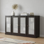 65" Black Solid Wood Two Drawer Sideboard With Four Glass Doors