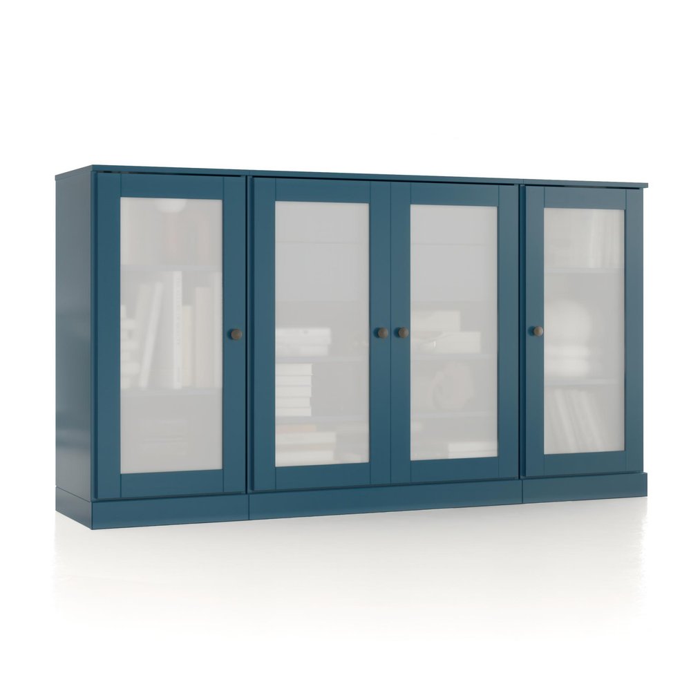 65" Teal Blue Solid Wood Two Drawer Sideboard With Four Glass Doors