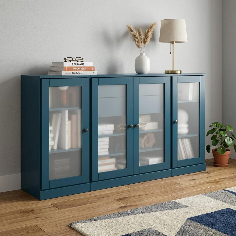 65" Teal Blue Solid Wood Two Drawer Sideboard With Four Glass Doors