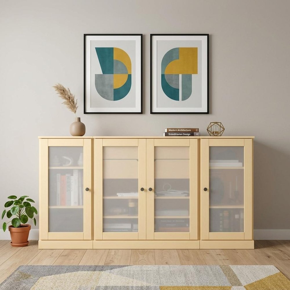 65" Yellow Solid Wood Two Drawer Sideboard With Four Glass Doors