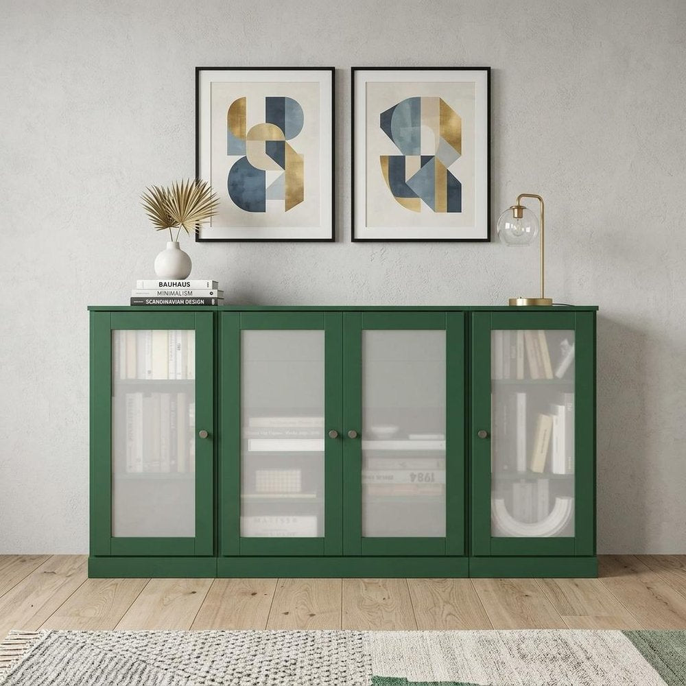 65" Green Solid Wood Two Drawer Sideboard With Four Glass Doors