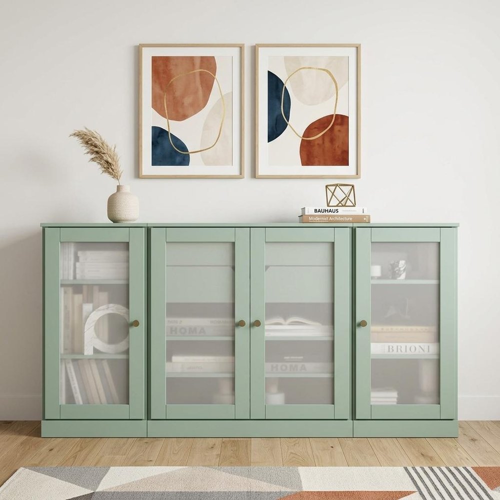 65" Sage Solid Wood Two Drawer Sideboard With Four Glass Doors