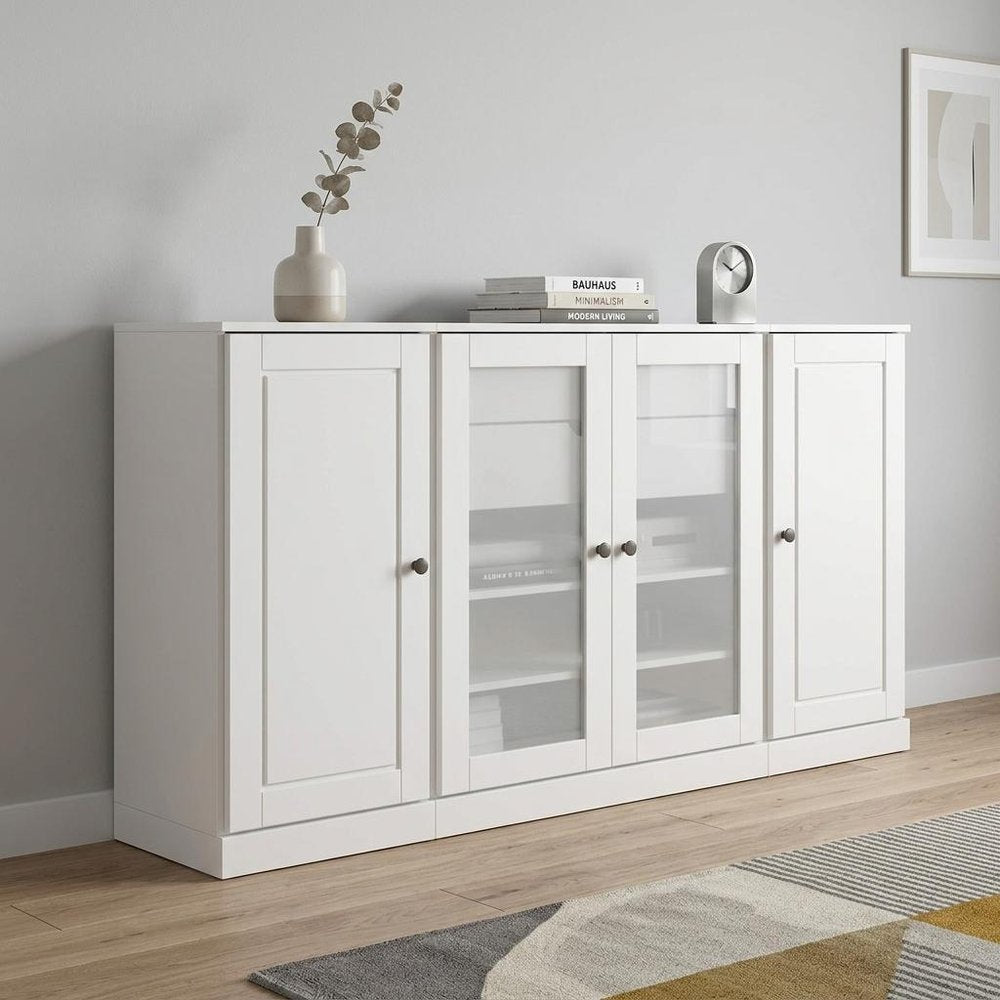 65" White Solid Wood Two Drawer Sideboard With Four Glass Doors