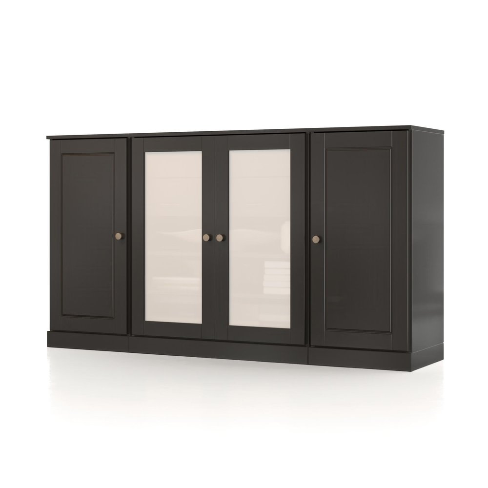 65" Black Solid Wood Two Drawer Sideboard With Four Glass Doors