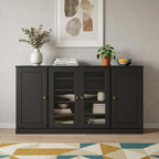 65" Black Solid Wood Two Drawer Sideboard With Four Glass Doors