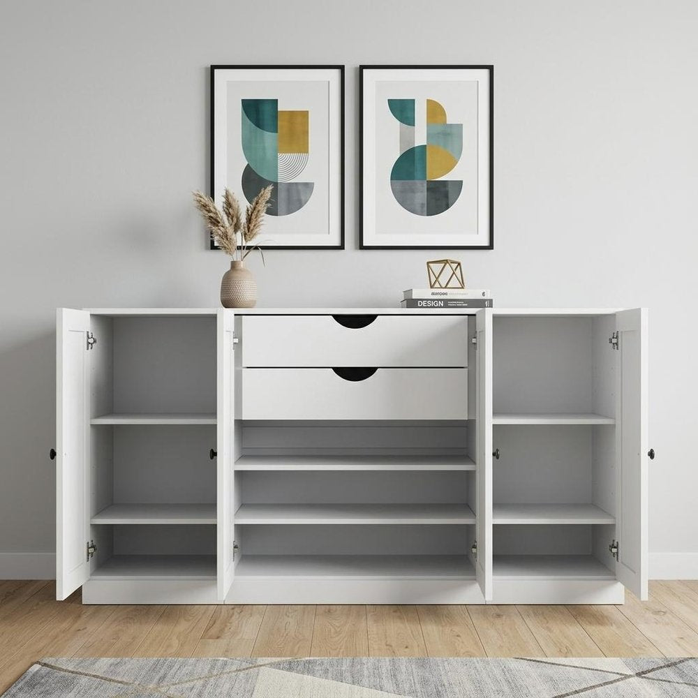 65" White Solid Wood Two Drawer Sideboard With Four Doors